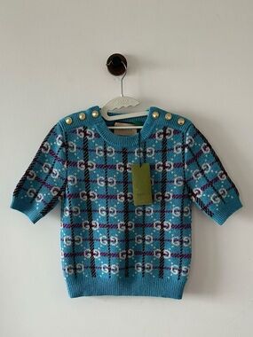 Gucci Turquoise Plaid Knit Sweater with Gold Buttons